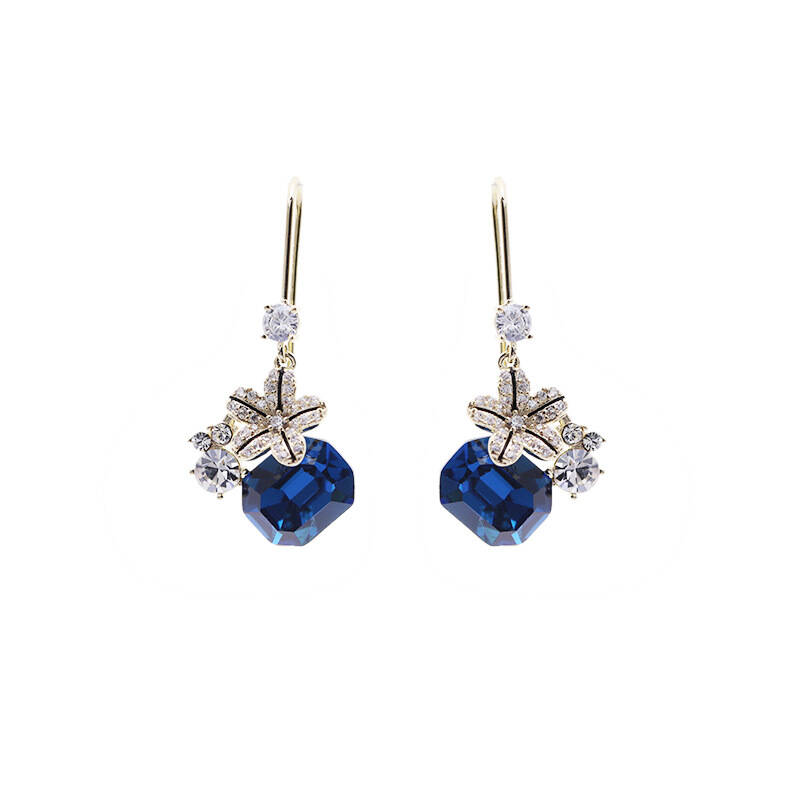 复古耳饰花朵水晶耳环个性锆石耳饰女 银针花朵蓝水晶