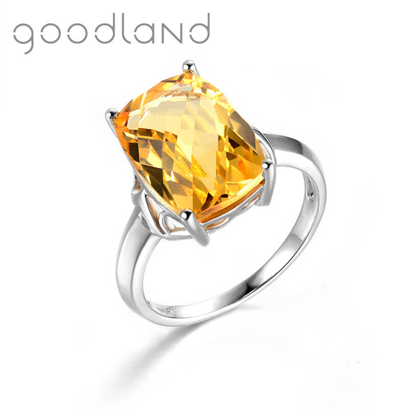 goodland 天然黄水晶戒指女款925纯银水晶宝石指环长方形简约高贵款 
