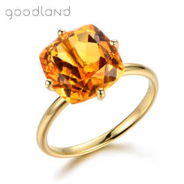 goodland 18K黄金戒指镶嵌天然黄水晶气质彩金宝石女戒 