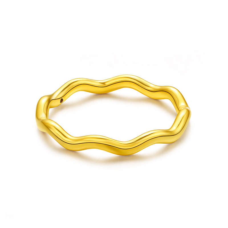 爱迪尔珠宝IDEAL 3D硬金黄金戒指定价足金波浪戒素圈尾戒正品