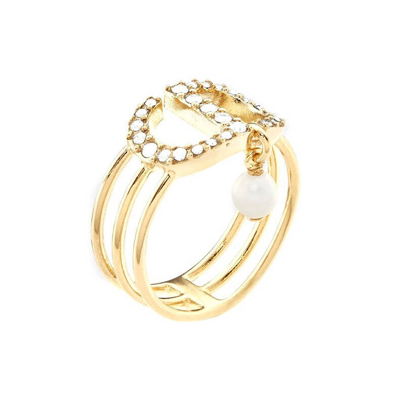 Dior迪奥女士戒指 金色饰面金属水晶镶嵌CD标志白色树脂珠饰点缀时尚精美 S