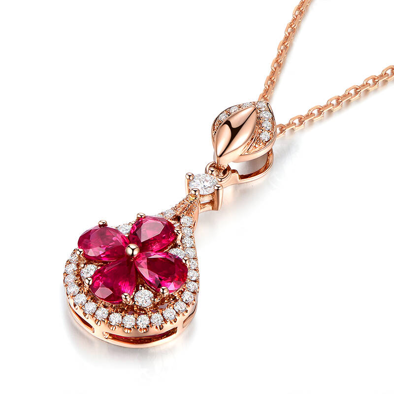 米莱珠宝1.4克拉红宝石吊坠 花形 18K金镶嵌0.39克拉钻石 彩色宝石 1.4克拉红宝石吊坠 不含链