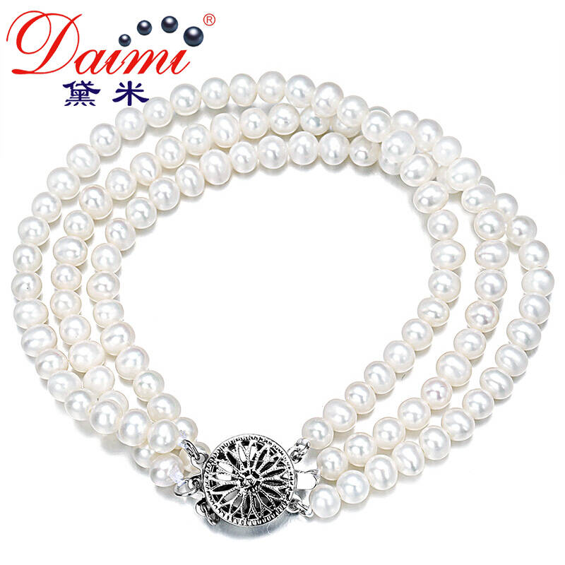 黛米（daimi） 近圆强光三层淡水珍珠手链两色可选 白色 4-4.5mm18cm
